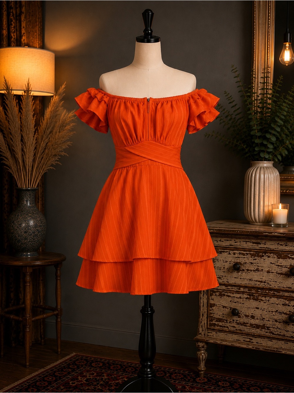 Off-Shoulder Tiered Orange Women’s Romper